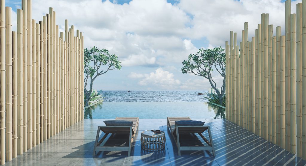 Private pool with bamboo wall, sea view